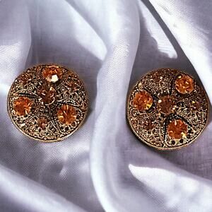Exquisite Pair of Antique-Style Amber Rhinestone Brooches